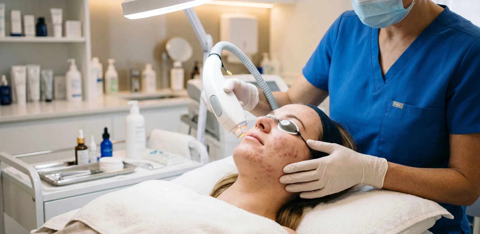 Symbolbild: Laser- und Lichttherapie bei Akne in Rostock, Behandlung einer Patientin mit IPL beim Hautarzt